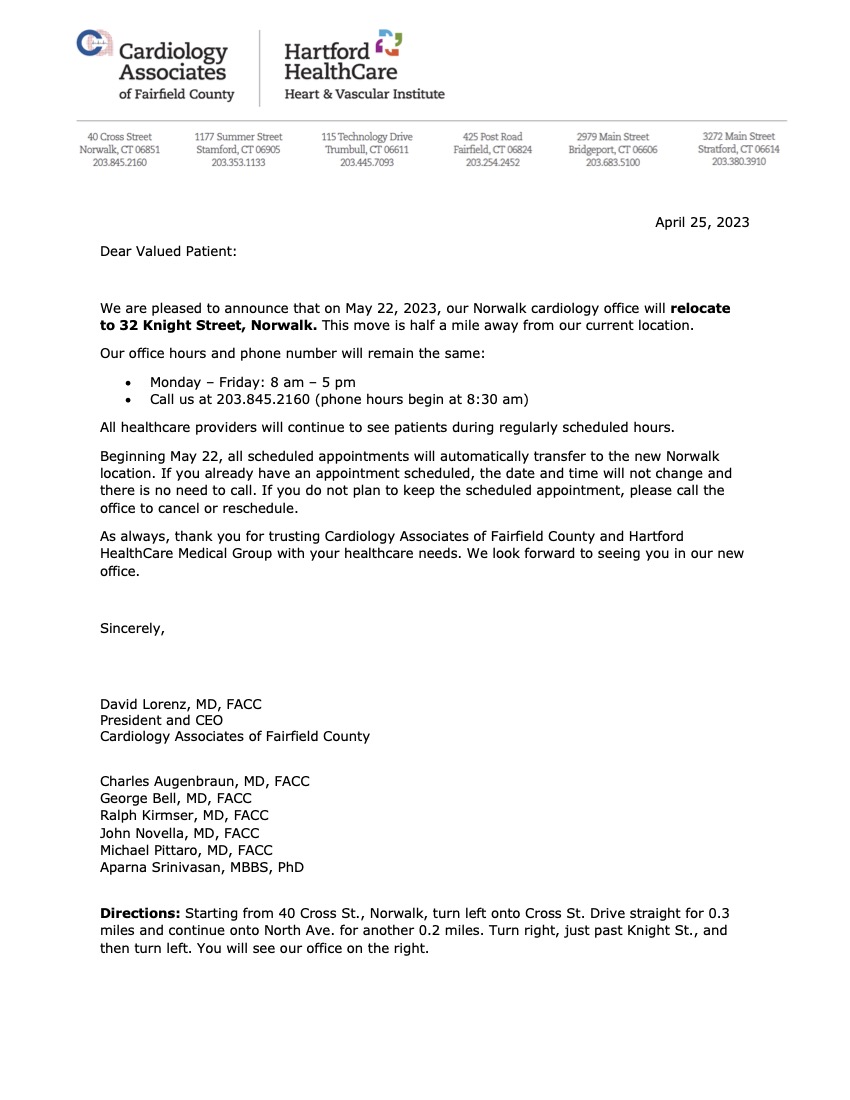 CAFC Norwalk Move Letter to Patients_FINAL